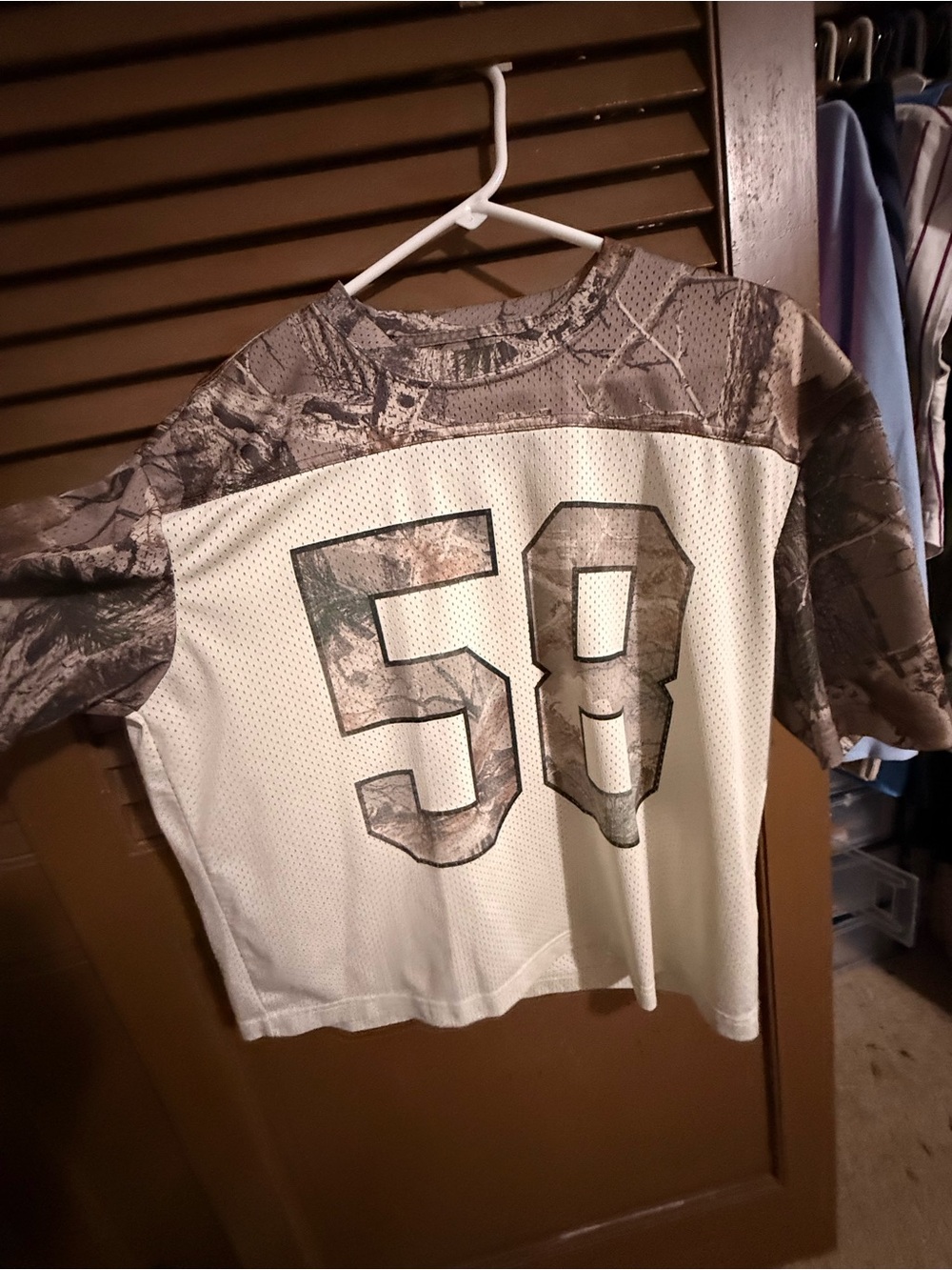 Hollister White Jersey Tee with Gray Camo Sleeves and 58 Graphic
